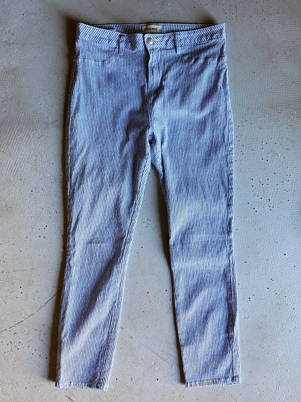 L'AGENCE Blue and White Pinstripe Seersucker Skinny Jeans